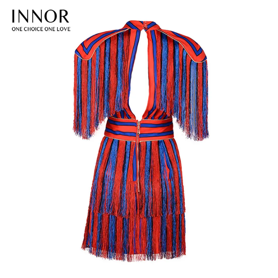 bandage Tassel Striped Patchwork Above Knee Mini Women 2017 Autumn Bodycon Celebrity Party Sexy Vestidos Noble Dresses innor#224 |
