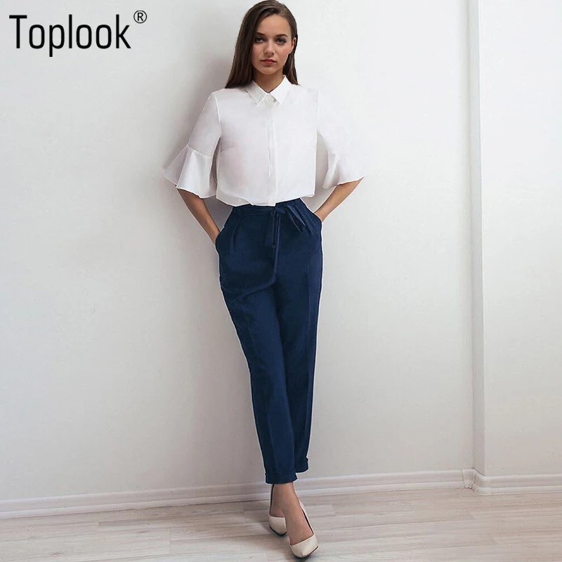 Toplook Элегантные бинты карандаш брюки Для женщин 2018 темно-синий мода Высокая талия
