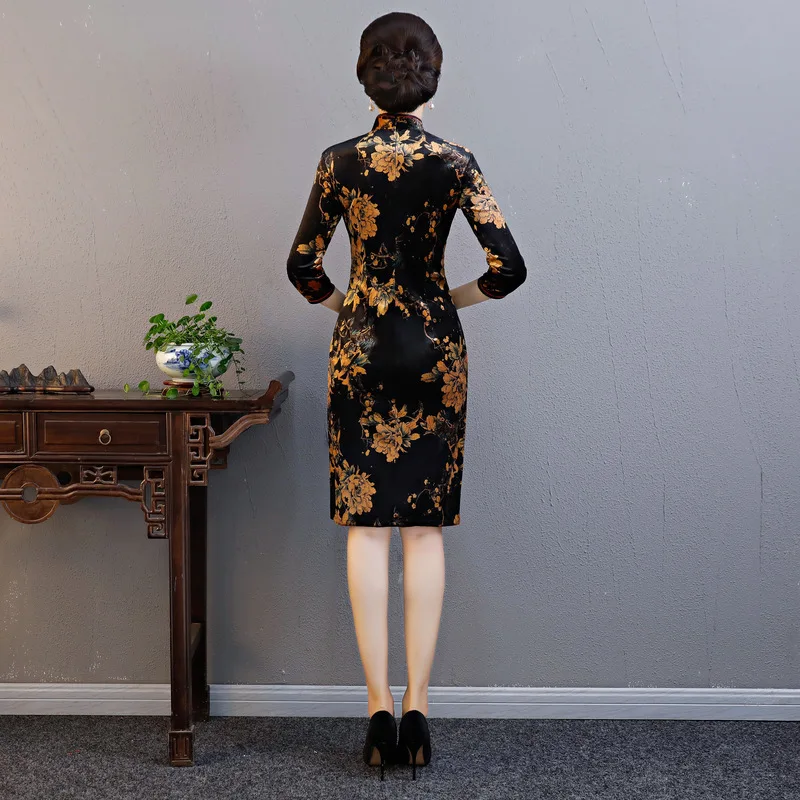 Современный черный цветок Cheongsam Длинные Платья Восточный стиль ожерелье винтажное платье Qi Pao женское традиционное китайское платье Qipao
