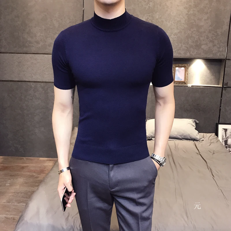 Navy Blue Новая летняя мужская футболка, вязаный Топ с коротким рукавом, мужской Однотонный свитер с высоким воротником, пуловер, футболка, тонкая трикотажная футболка - Цвет: Navy Blue