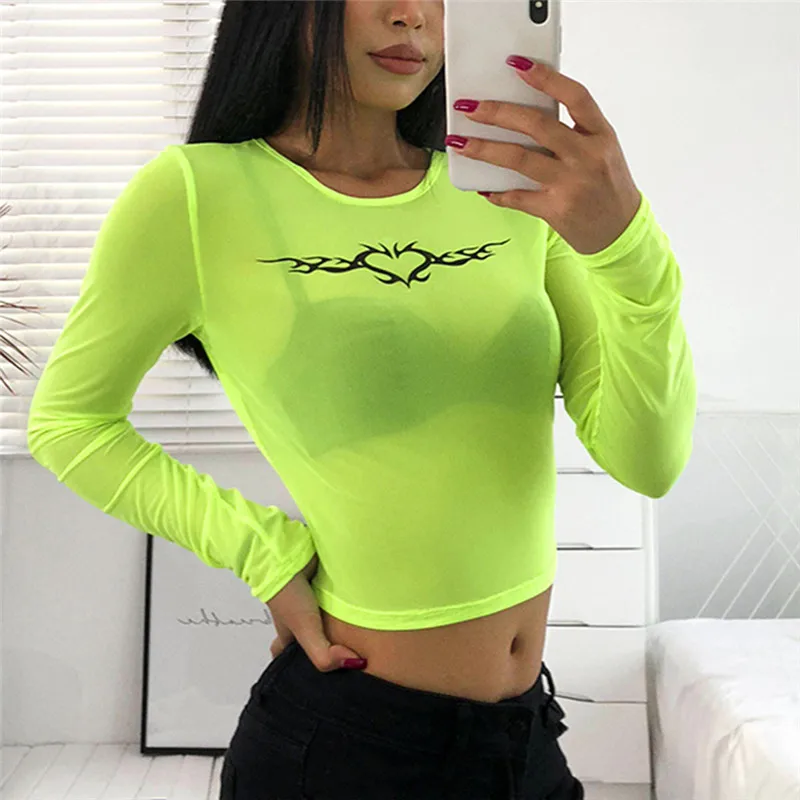 Для женщин футболка See Through Прозрачный Повседневное сетки женские Топы с длинным