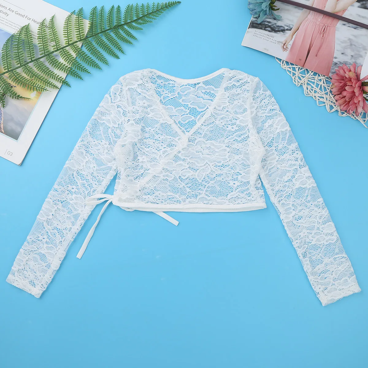 Kids Girls Spring Coats Floral Lace Long Sleeve V-neckline Wrap Top Ballet Dance Sweater Leotards Children's Clothing | Детская