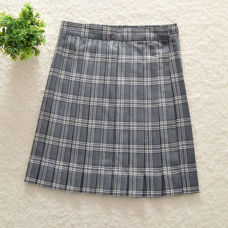 

Japanese college high-waist gray white grid JK uniforms pleated skirts spring summer skirt add pocket adjustable waist