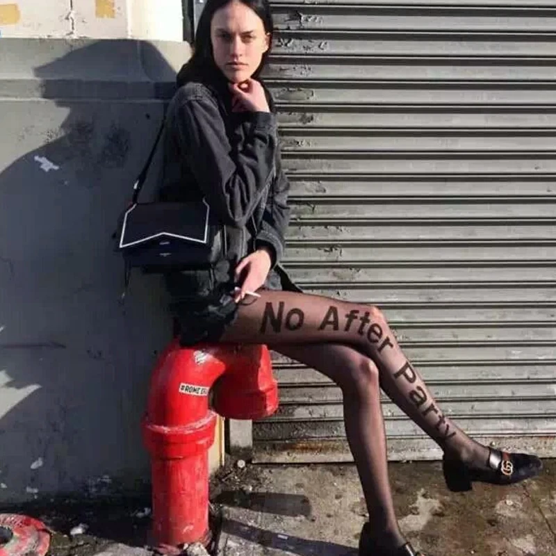 Колготки женские с принтом тату черные шелковые колготки надписью No After Party