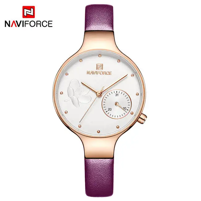 Фиолетовый NAVIFORCE модные синие кварцевые часы для женщин кожаный ремешок для часов Высокое качество повседневные водонепроницаемые наручные часы подарок Relogio feminino - Цвет: Фиолетовый