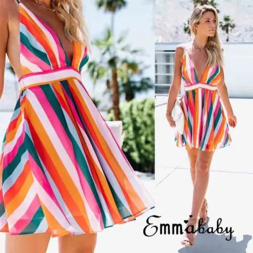 2019 Thefound новые летние женские Boho глубоким v-образным вырезом Короткие мини платья