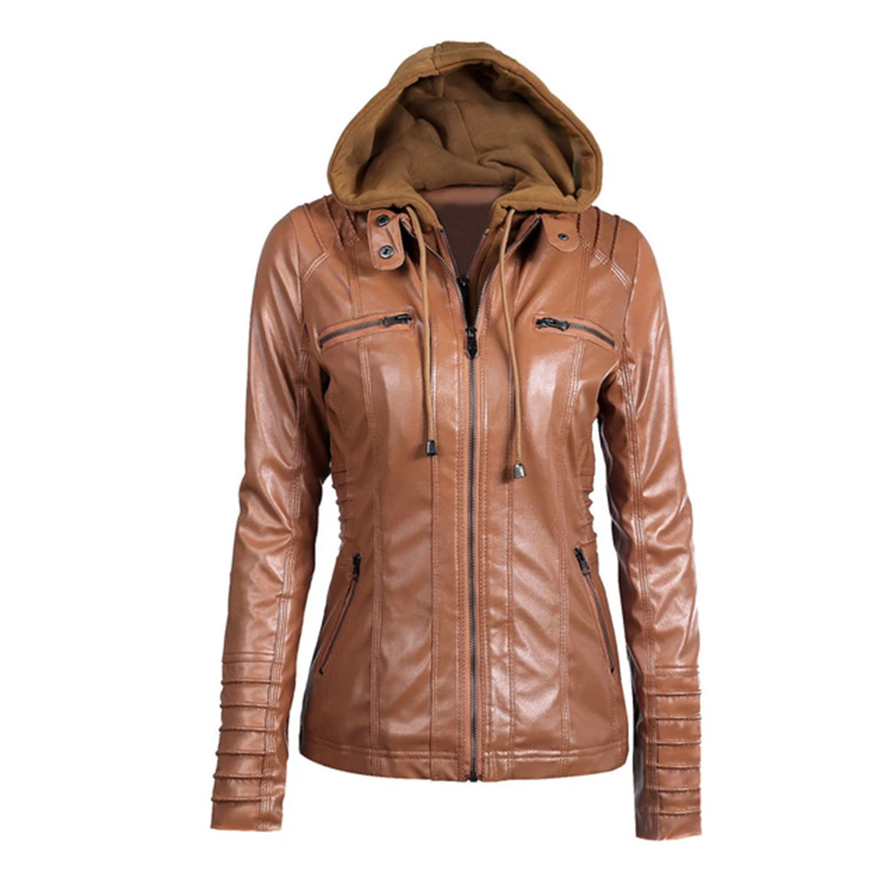 

Women hoodies Winter Moto leather Jacket Turn Down Collor Ladies Zipper Outerwear Faux Leather PU female Jacket Coat Plus size