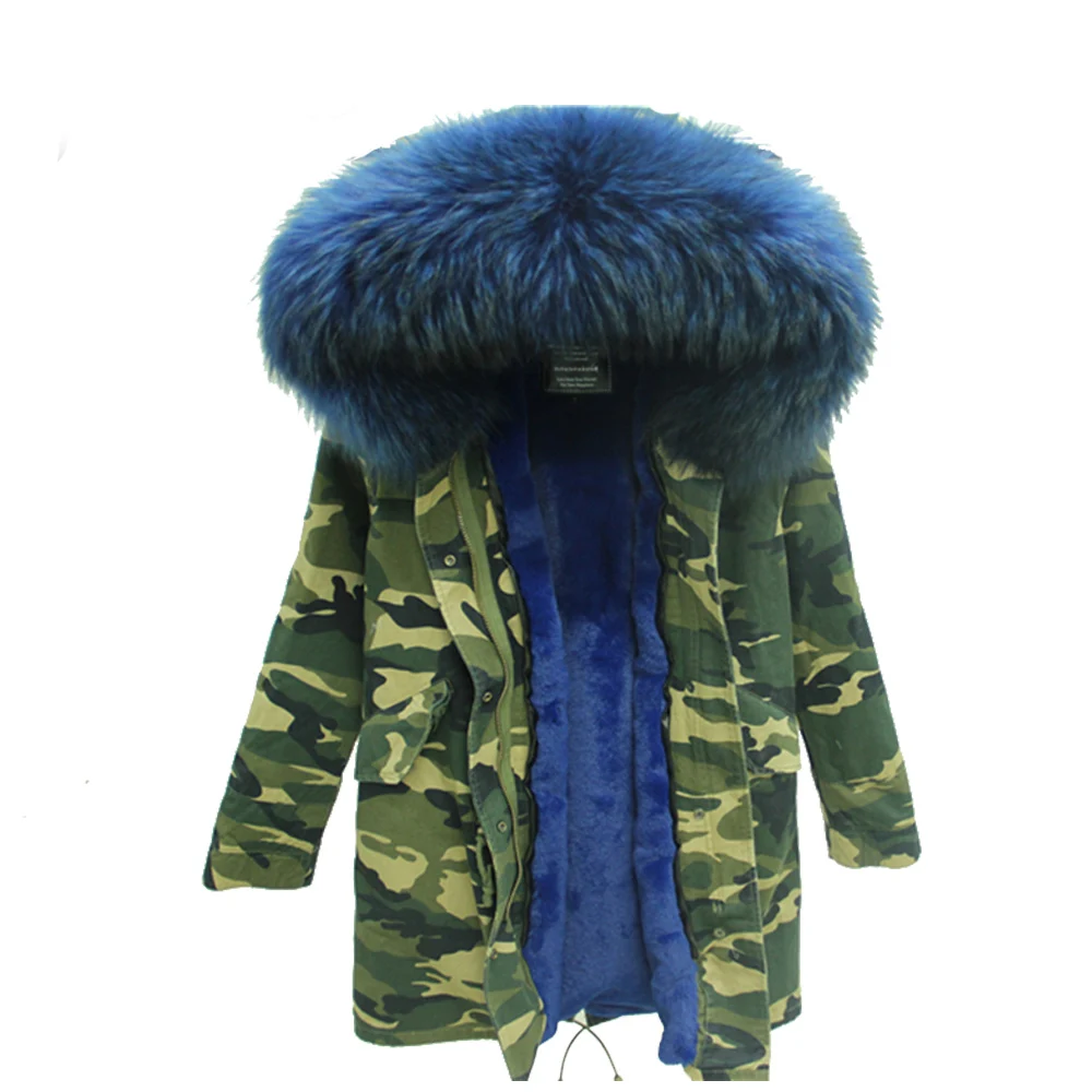 Мех Любовь Женщины Зима Camo Parka большой енота меховым воротником куртка с