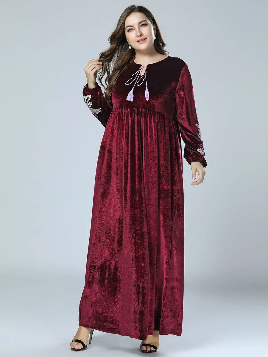Женский красный бархат abaya Макси мусульманское платье длинный Восточный халат