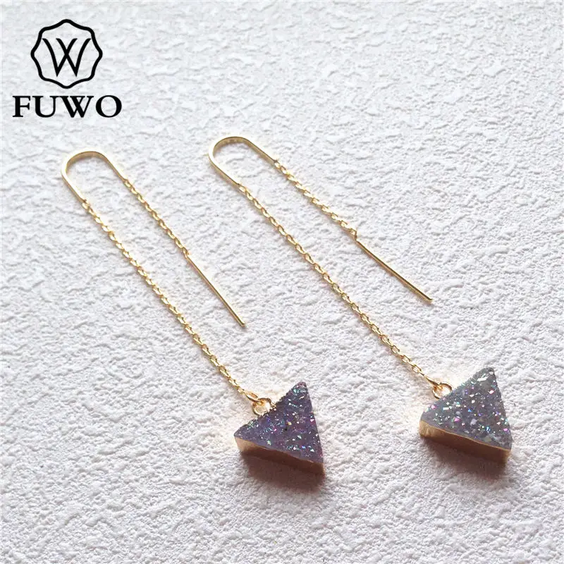 

FUWO Triangle Druzy Threader Earrings With Gold Brass Plated Minimalist Design Natural Quartz Jewelry For Women ER027