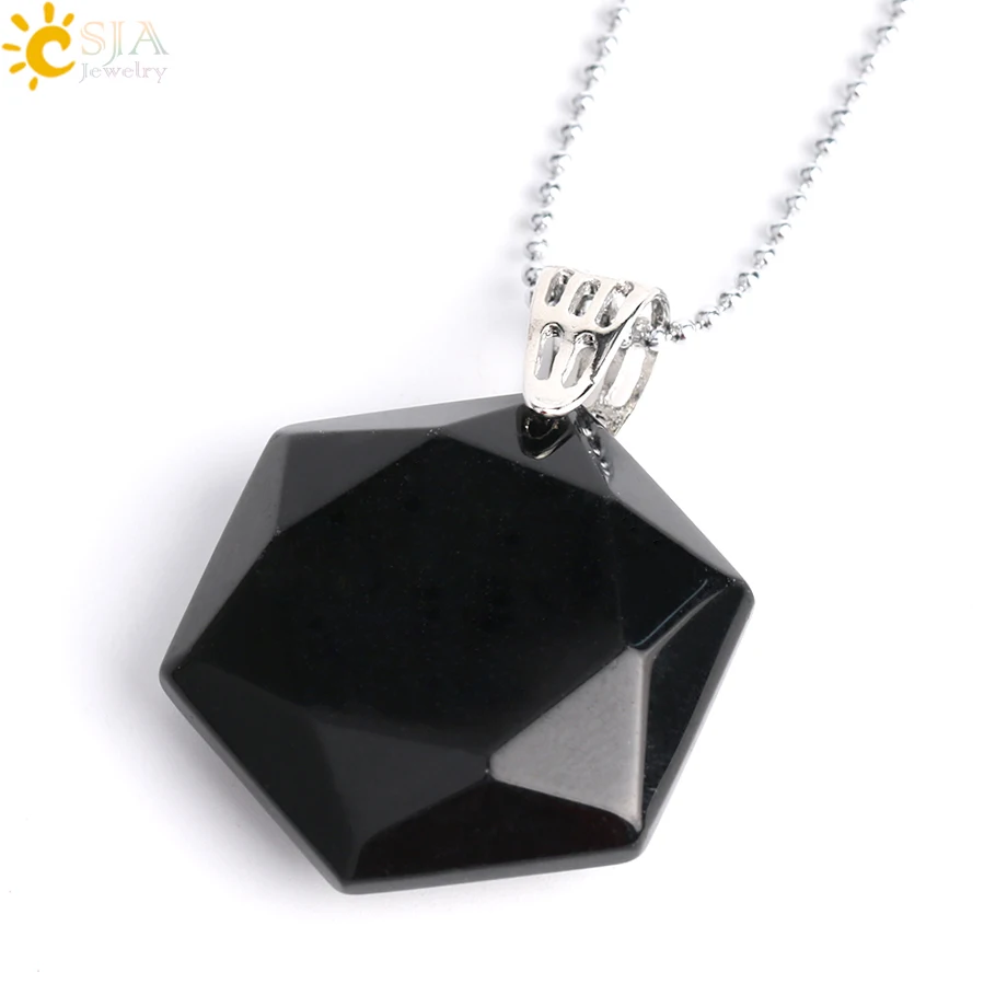 Black Agate Chain CSJA Ограненный гексагональный натуральный драгоценный камень ожерелья и подвески опал лазурит розовый с кварцевым тигровым глазом чакра рейки ювелирные изделия E643 - Окраска металла: Black Agate Chain