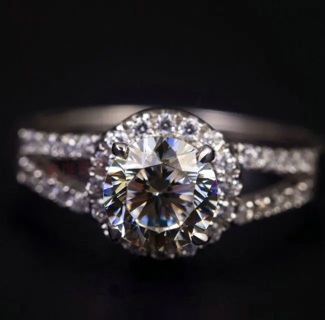 

Real 14K White Gold Marriage Ring 2Ct Round Claws Moissanite Diamond Halo Ring Tested Positive Engagement Ring White Gold Female