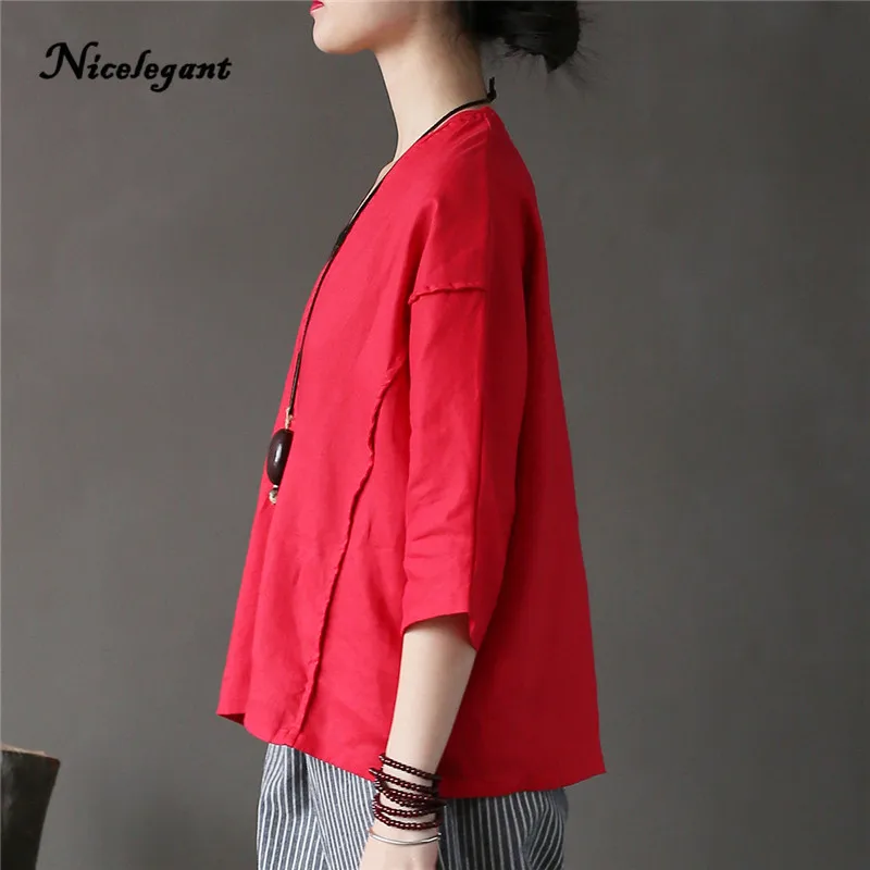 Brand New T Shirt Women Solid Summer V-Neck Spliced Half Sleeve Loose Vintage Casual Sunscreen 2019 Cotton Linen Top Tees | Женская