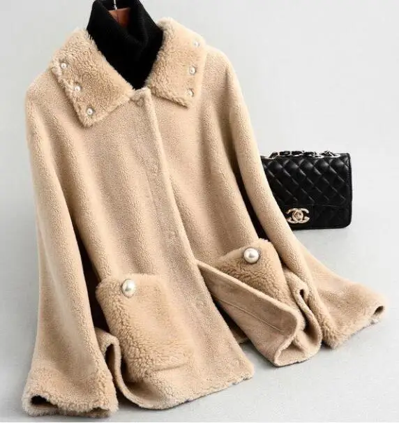 beige-camel ZiZhen пальто из натурального овечьего меха с отложным воротником однотонная куртка с пуговицами шорты с жемчужинами весенне-осеннее Женское пальто KQN59349 - Цвет: beige-camel