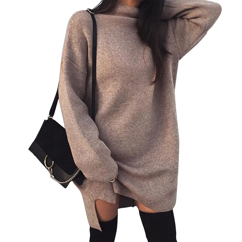 Women High Collar Knitted Dress Casual Skirt Long Sleeve Loose Sweater Knitwear | Женская одежда