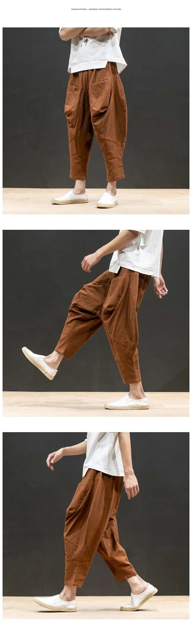 KUANGNAN Japan Style Linen Wide Leg Pants Men Jogger Japanese Streetwear Joggers Men Pants Hip Hop Trousers Men Pants