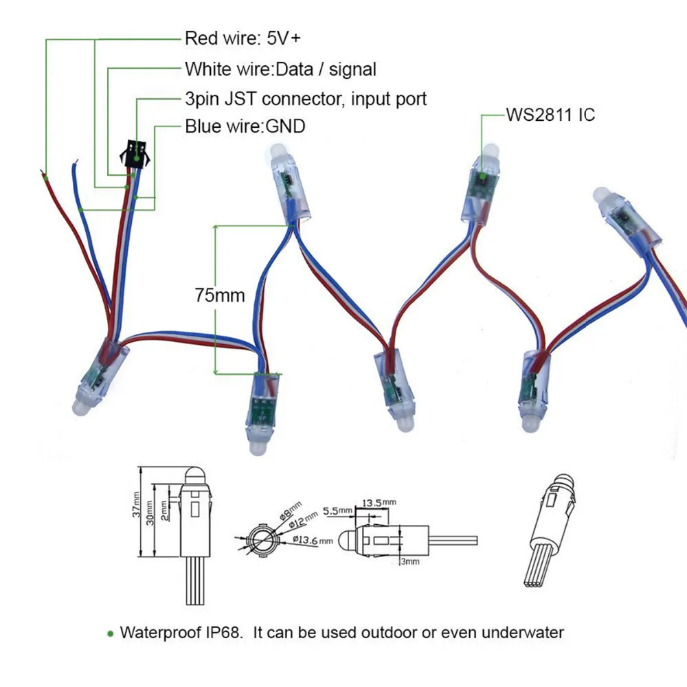 100 шт. DC5V 12 мм WS2811 пиксель rgb led модуль IP68 водонепроницаемый полноцветный