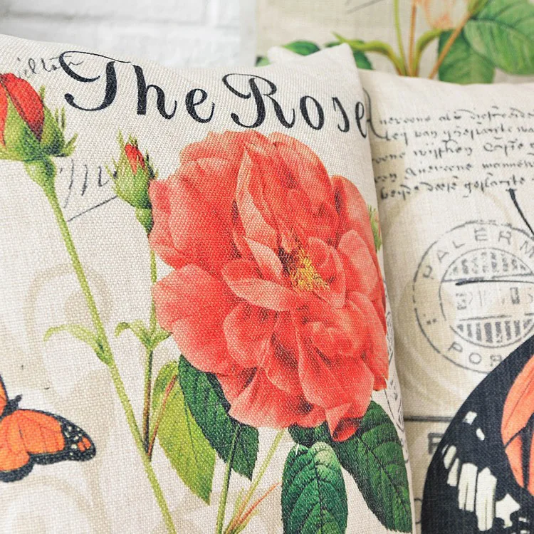 Американский кантри Цветочная подушка птица с бабочкой льняная наволочка