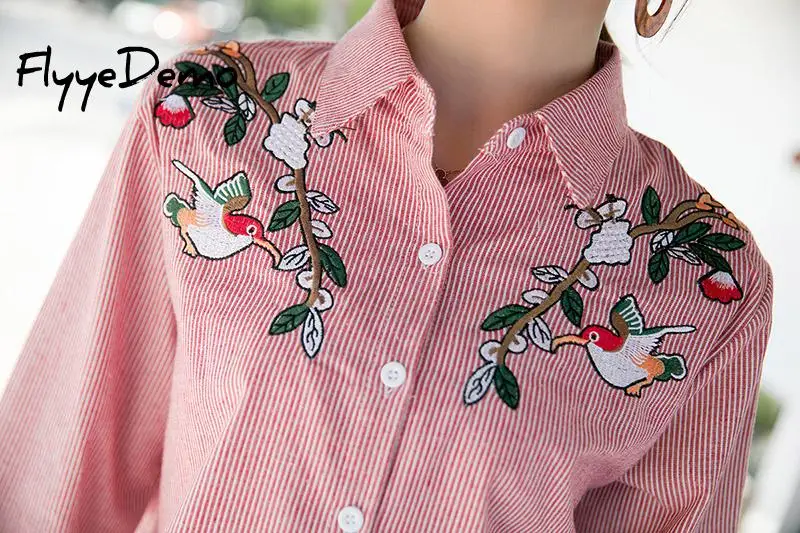6XL Цветочная вышивка с птицами полосатая блузка женская рубашка длинными