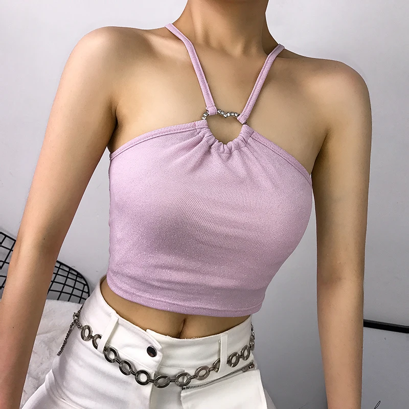 Waatfaak розовый блесток блестками пикантные Ring Tank Top Bodycon ремни вязаные летние топы на бретельках Вечерние Harajuku милые спинки
