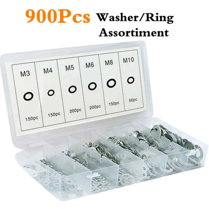 900Pcs Metal Flat Washer Assortment Gasket Ring Sheet Assorted Washers Steel M3 M4 M5 M6 M8 M10 ZK186 | Обустройство дома