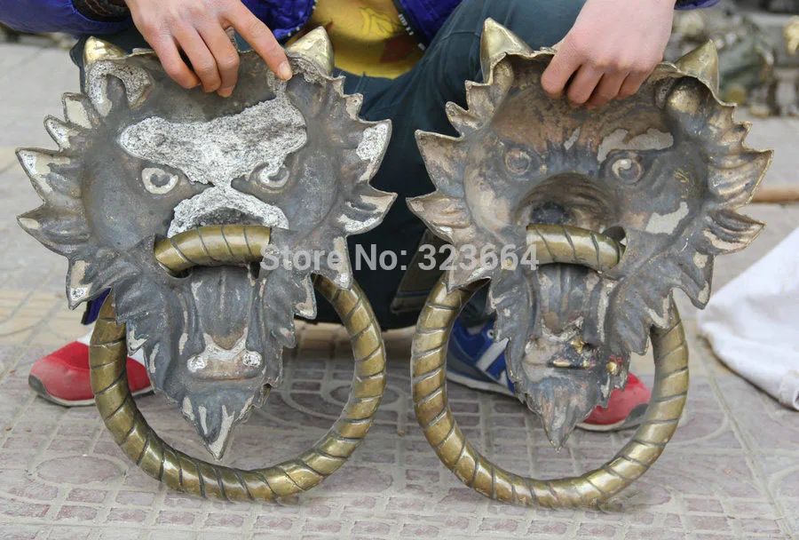 18 &quotКитайский медный волк голова зверя статуя дверной молоток пара C0320|door knocker