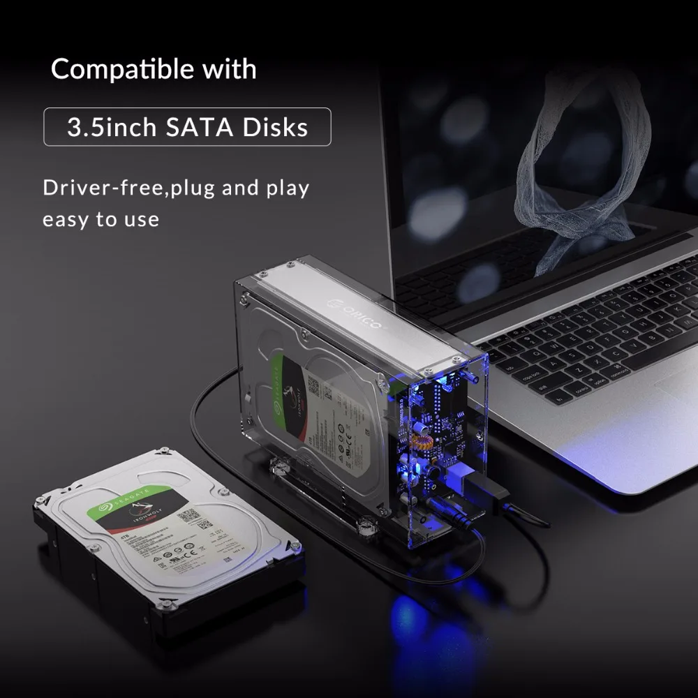 ORICO 3,5 дюйма 2 отсека HDD Чехол прозрачный внешний диск Корпус SATA до USB3.0 type-B коробка-чехол на HDD с 12V3A адаптер питания