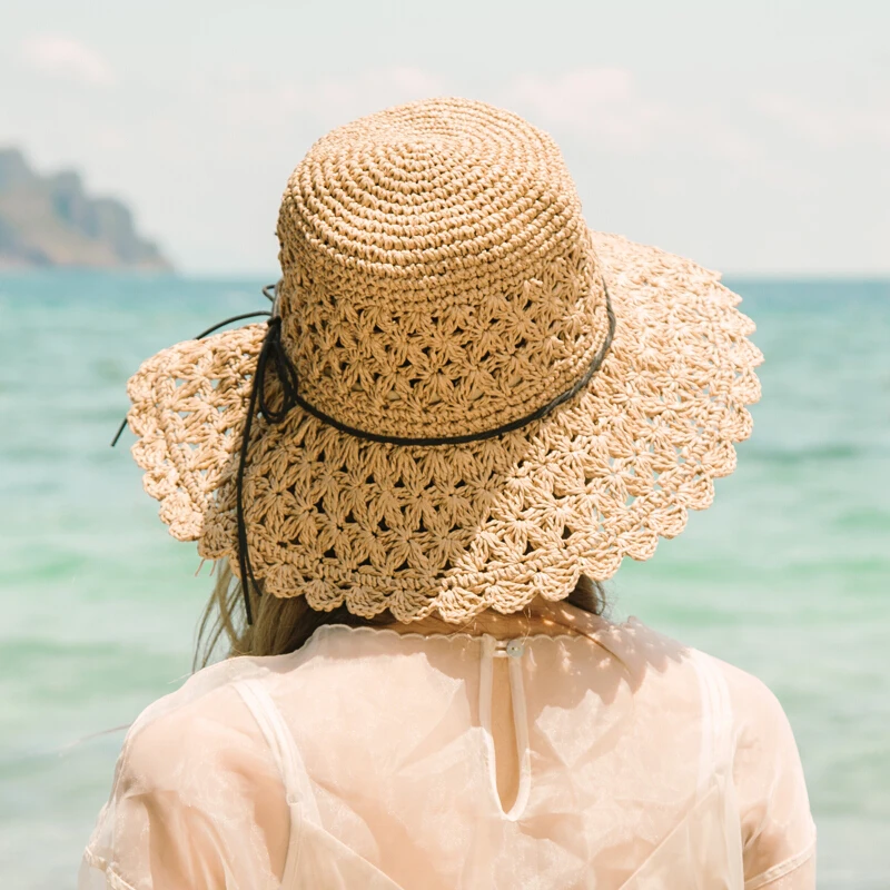 Hand-woven straw hat ladies summer travel sunscreen beach visor UV protection collapsible sun | Аксессуары для одежды