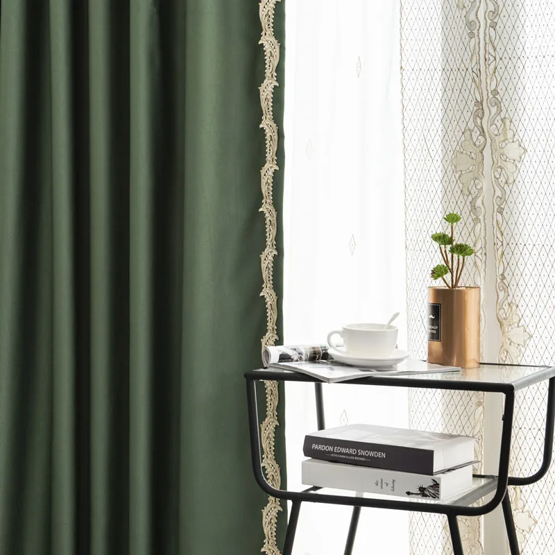 New Arrival Chinese Style Luxury Faux Silk Dark Green Window Curtains for Living Room Bedroom Embroidery Lace Drape