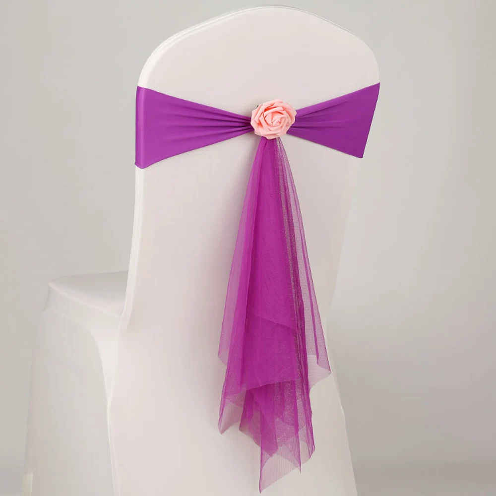 fuchsia Дешевые 50 шт./лот розовый/белый/оранжевый муслин стул пояса с розовым цветком для свадебного украшения церемонии стрейч лайкра повязка на стул - Цвет: fuchsia