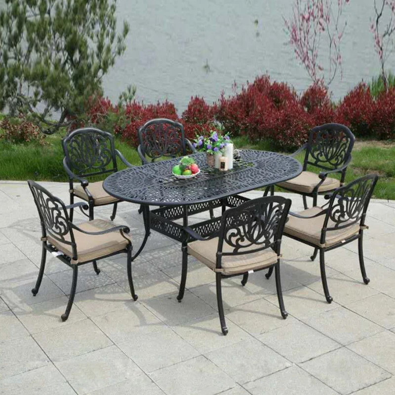 

Garden cast aluminum set oval table with 6 chairs metal furniture 7pcs set