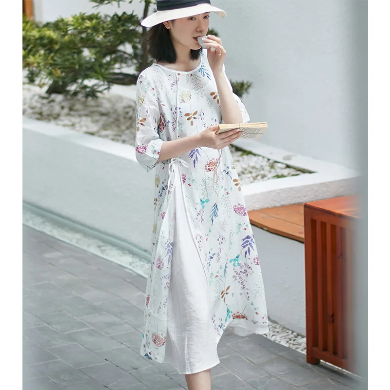 

SCUWLINEN 2020 Women Spring Summer Dress Print O-neck High Slit Lacing A-line Ramie Beach Dress Casual Long Dress Vestidos S876