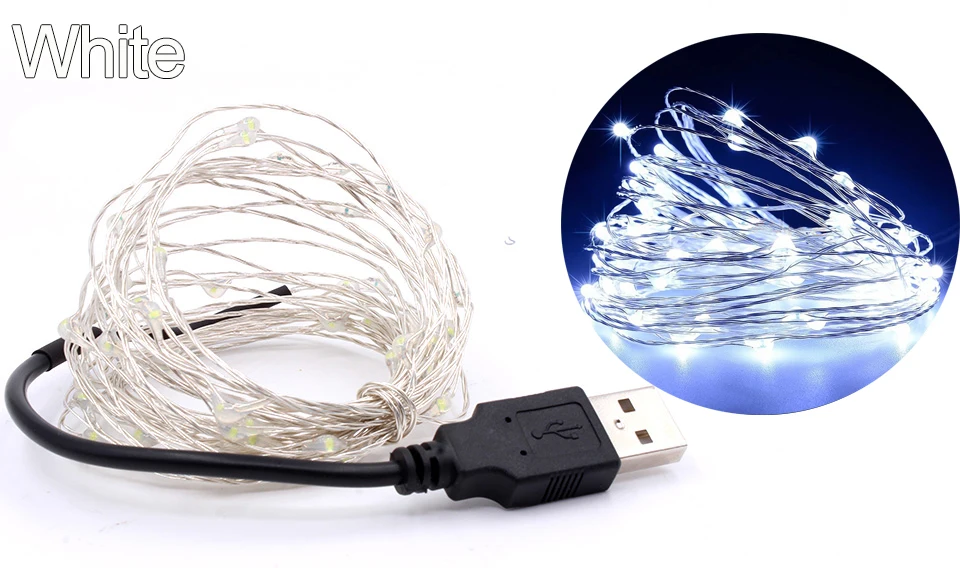 Сказочный светильник, USB, на батарейках, водонепроницаемый, 2 м, 5 м, 10 м, 20-100 светодиодов, Серебряная линия, светлячок, праздничный светильник, полоса