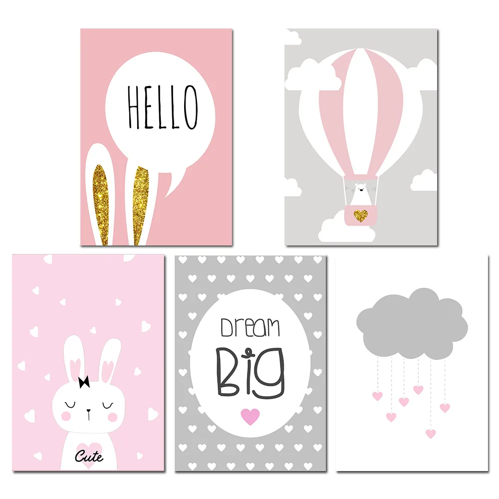 5 pcs Set Для маленьких девочек; для детской комнаты; на холсте; плакат; принт с розовым кроликом из мультфильма; воздушный шар; живопись; скандинавские украшения; картина; декор для детской спальни - Цвет: 5 pcs Set