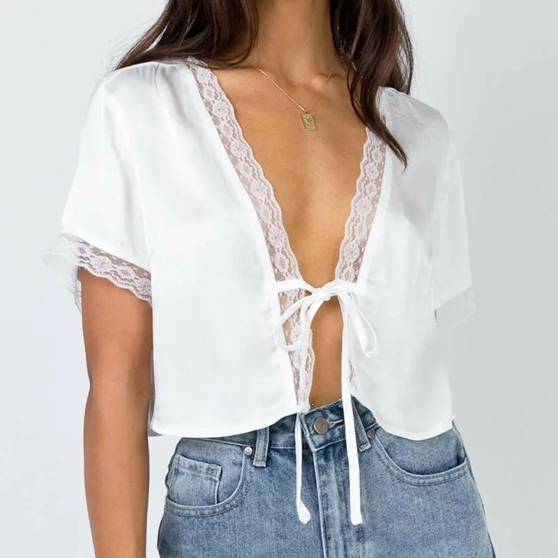 Женский Кружевной укороченный топ кимоно с коротким рукавом блузка в стиле бохо