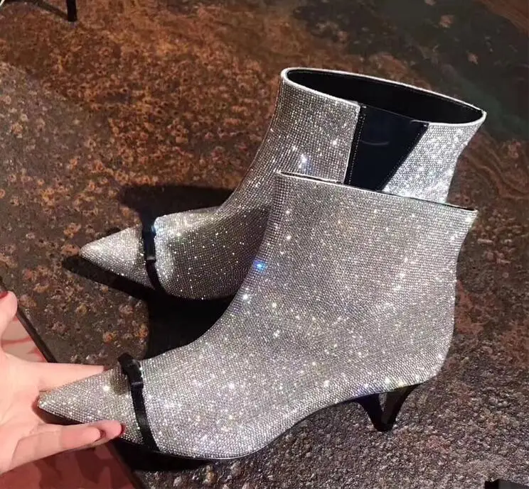 

Sexy Runway Boots Silver Crystal Embellished Bowtie Knot Womens Ankle Boots Shoes Pointed Toe Thin Heels Rhinestone Booties