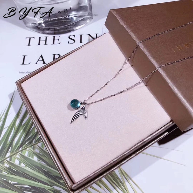 Women Silver Foam Tail Mermaid Pendant Necklace Fish Shape Blue Crystal Bead Transparent Clavicle Chain Jewelry Girl|Ожерелья с
