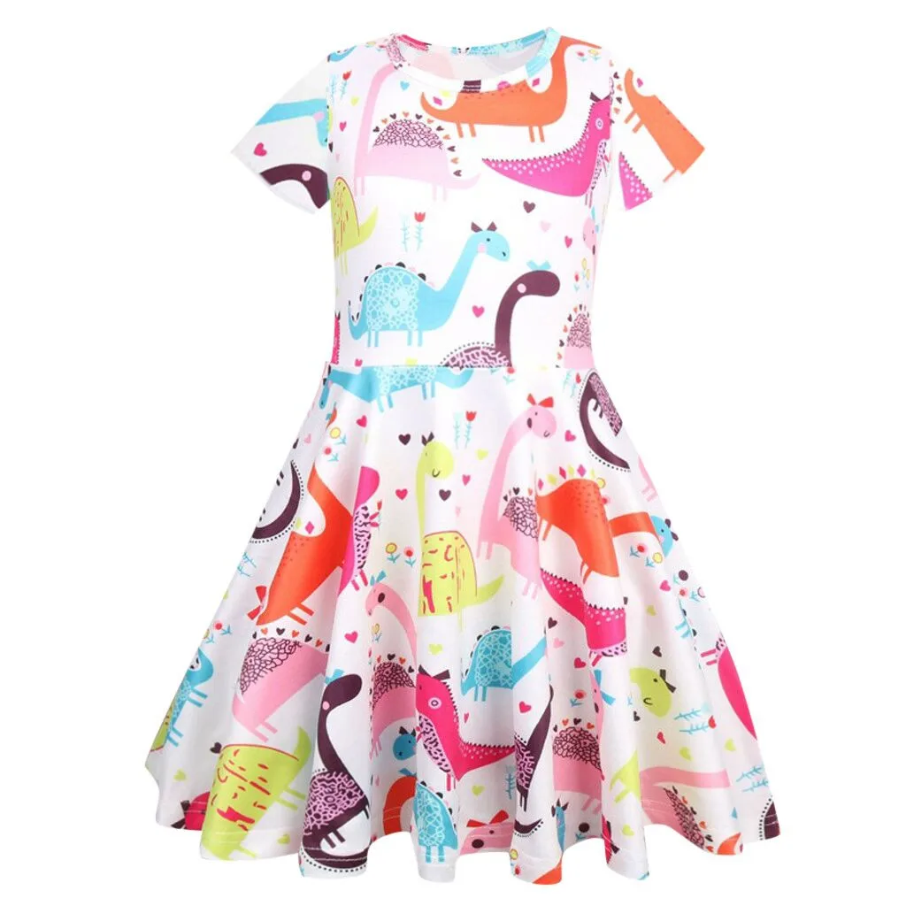 kids dresses for girls 2019 summer Toddler Kid Baby Girl Short Sleeve Dinosaur Printing Party Dress Outfits Clothes | Детская одежда и