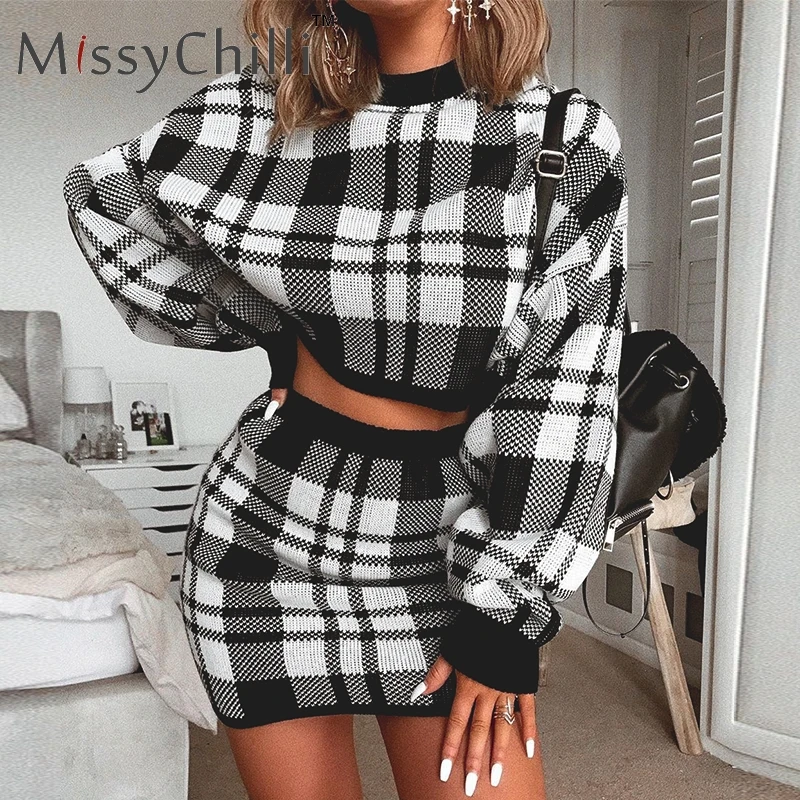 MissyChilli, элегантное вязаное клетчатое платье, костюм из двух частей, Женское зимнее клубное мини короткое платье, женские вечерние платья с длинным рукавом, облегающее платье