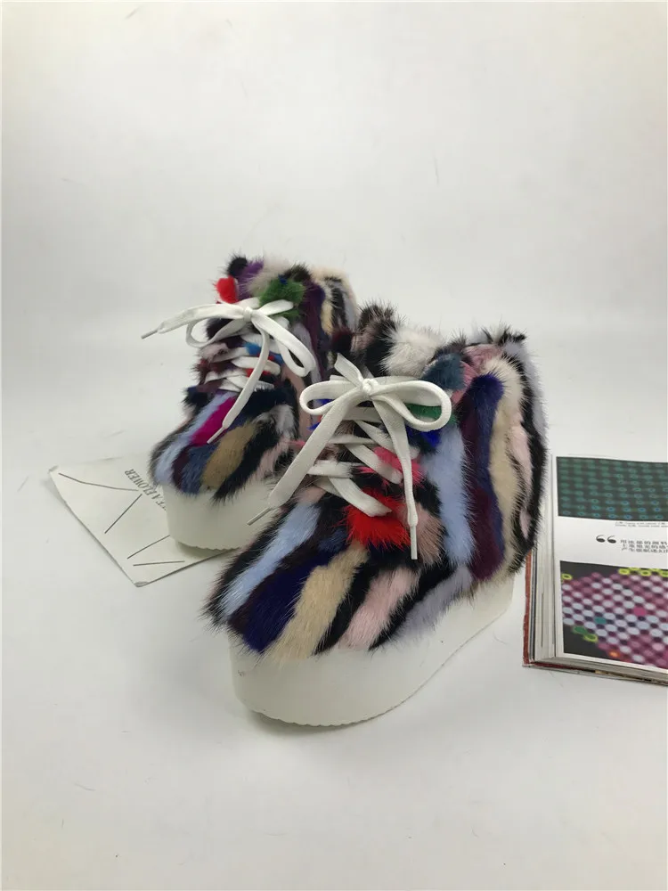 Теплые ботинки Eskimo из меха норки, женские зимние ботинки на толстой платформе С Разноцветными полосками на меху, зимние ботинки до середины икры на шнуровке
