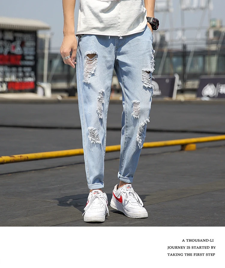 Summer Jeans Men Fashion Streetwear Ripped Jeans For Men Plus Size Light Blue Men Jeans Pants Casual Trousers Male 5XL-M