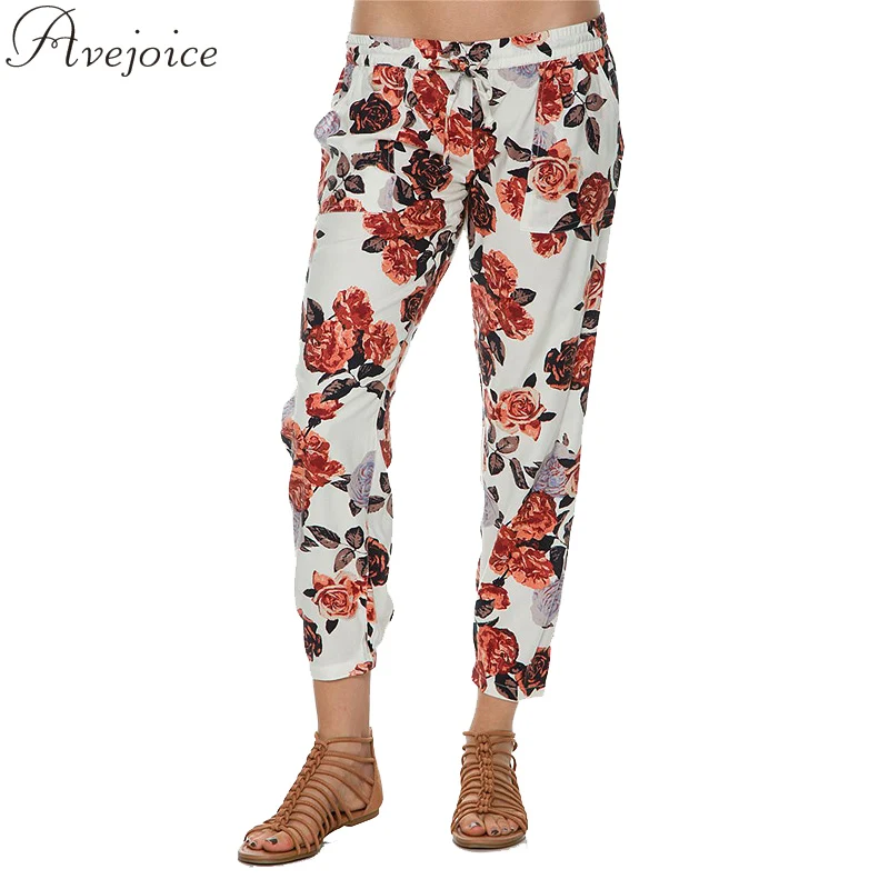 Богемный Стиль Женские Брюки Шаровары Лето 2016 Цветочный Принт Плоским Лодыжки
