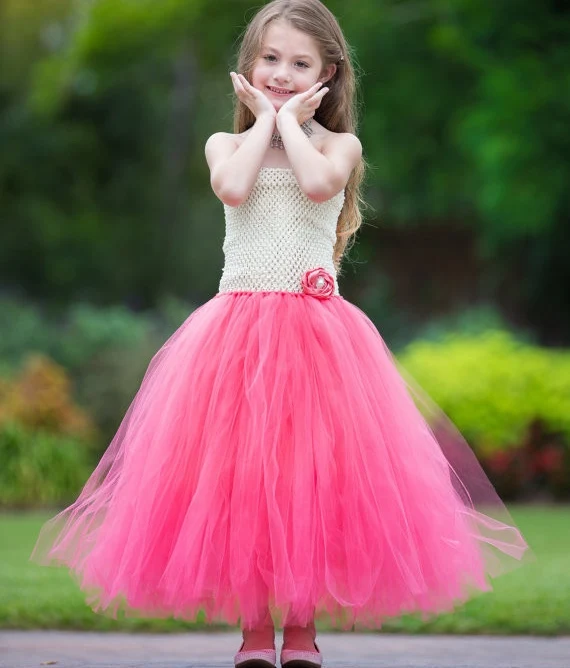 Beautiful Girls Pink Dress Kids Crochet Corset Tulle Long Tutu Dresses Wedding Party Ball Gown Children Costumes Banquet | Детская