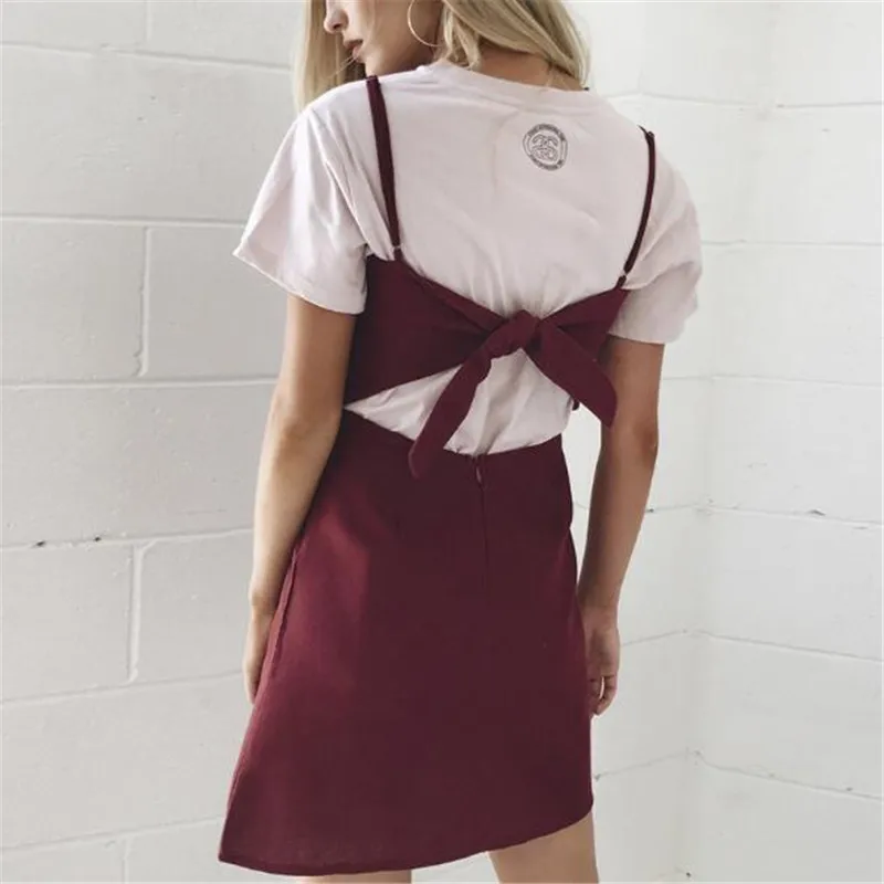 Пикантное пляжное мини-платье с бантом на спине для женщин 2018 тонкое однотонное