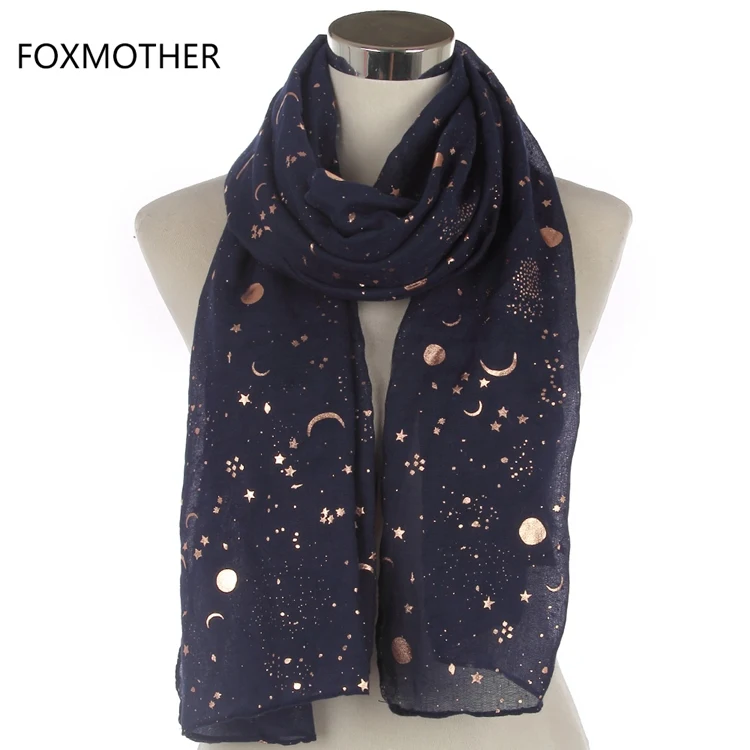 FOXMOTHER Бежевый Розовый Блестящий металлический фольгированный принт Звезда Луна солнце круг шарф кольцо платок для женщин шаль для женщин - Цвет: Navy Long