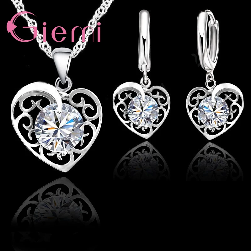 

Statement Heart Shape Jewelry Sets 925 Sterling Silver Style For Women Beautiful Drop Earrings/Charm Necklace Pretty Gifts