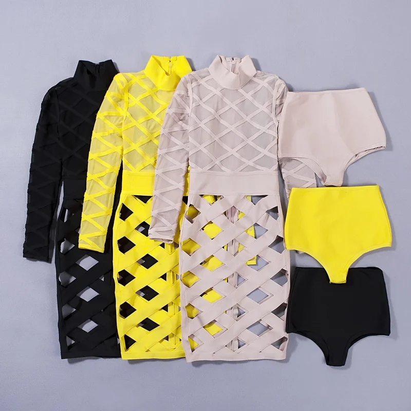 Высокое качество желтый с длинным рукавом сетки выдалбливают 2 шт вискоза ночной