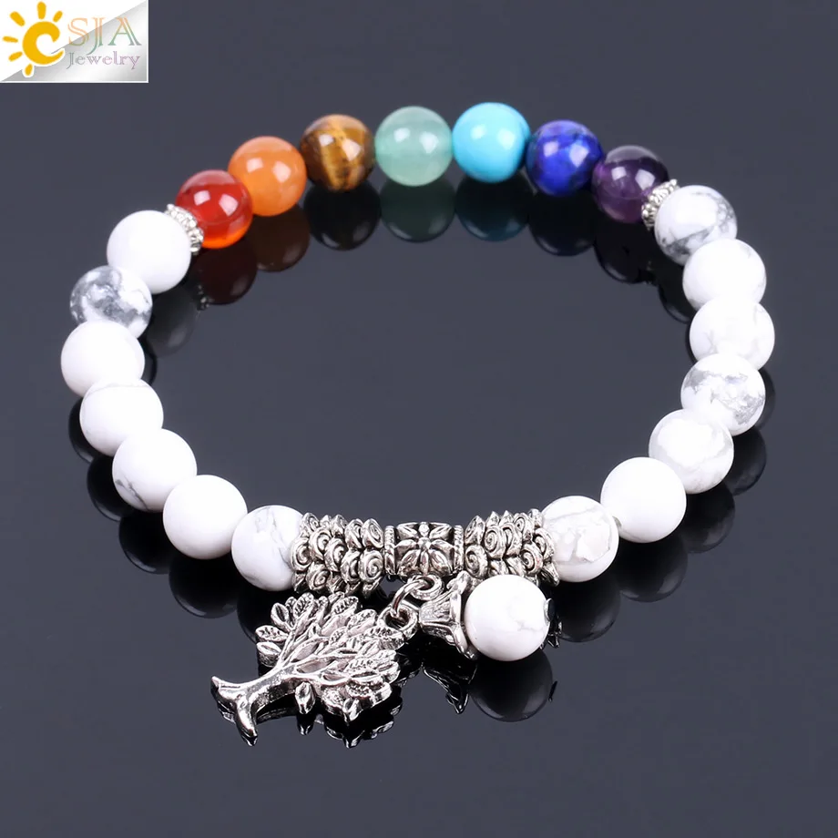 Браслеты CSJA из белого камня Howlite украшенного бусинами 7 чакр жизнь дерева
