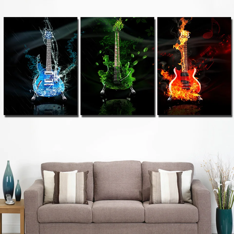 HD Печатный 3 панели Холст Искусство Музыка картина с гитарой настенное искусство