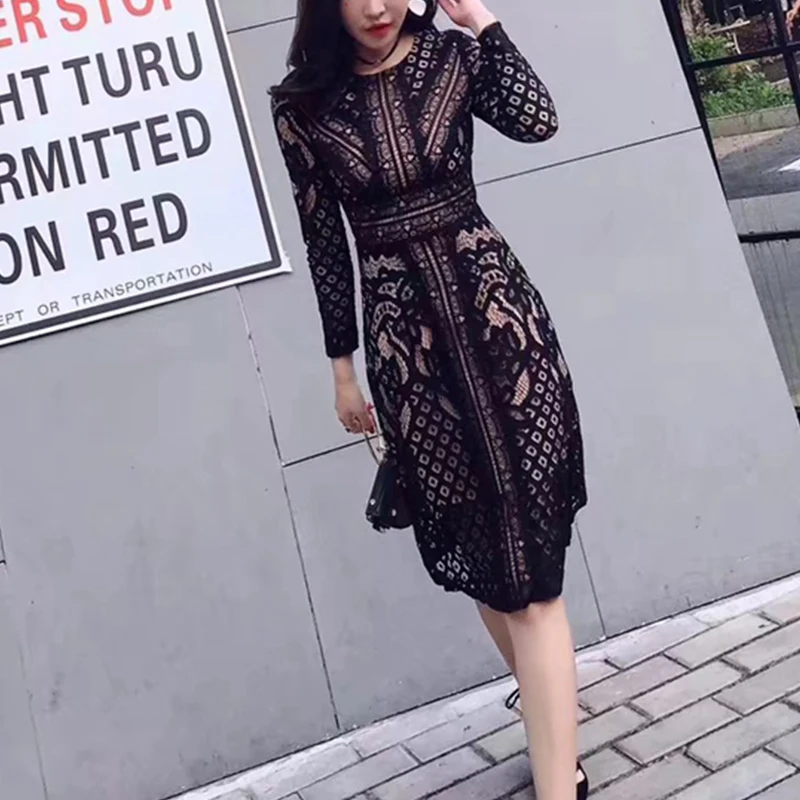 2018 женские цветочные миди платье цветок выдалбливают кружево Slim Fit и Flare